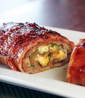 Bacon-wrapped stuffed sausage fatty