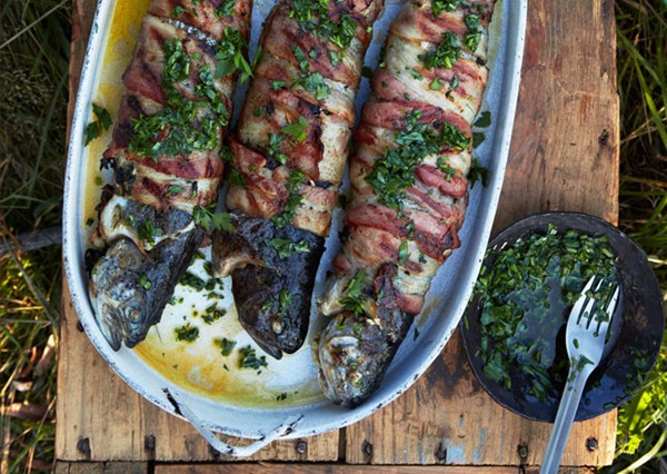Bacon-wrapped trout