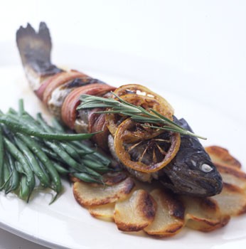 Bacon-wrapped trout with rosemary