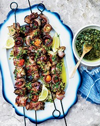 Bacon-wrapped vegetable skewers with dill pickle relish