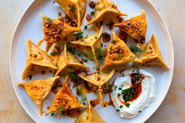 Bagel & lox kreplach with spicy chili oil