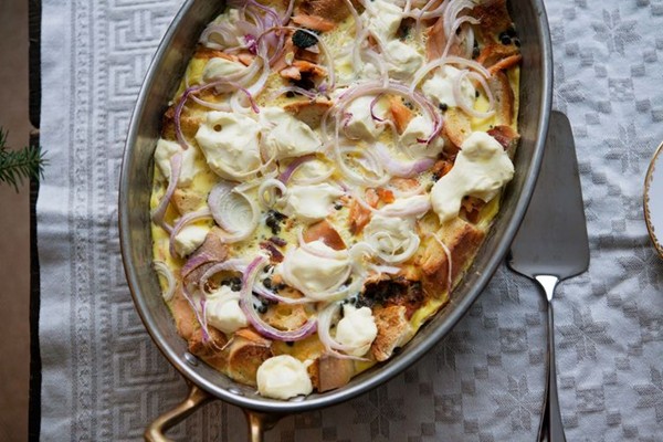 Bagel and cream cheese strata