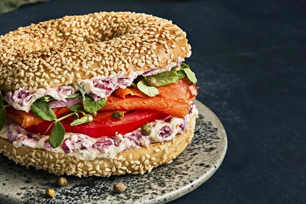 Bagel and lox sandwiches with beet cream cheese