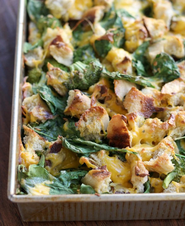 Bagel, broccoli, and spinach strata with Cooper deli cheese