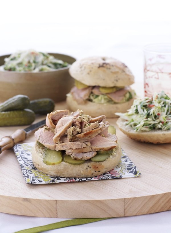Bagels with shaved pork, fennel and lime salad