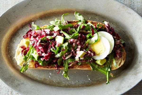 Bagna cauda toasts with radicchio, egg, and avocado