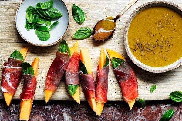 Bagna cauda with prosciutto-wrapped rockmelon