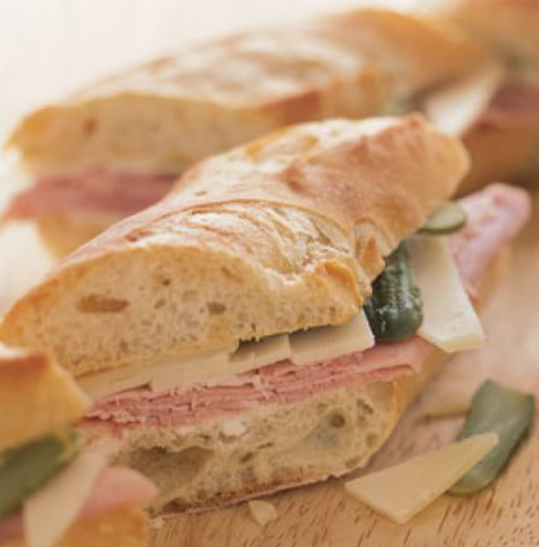 Baguette with French ham, Gruyère, and cornichons