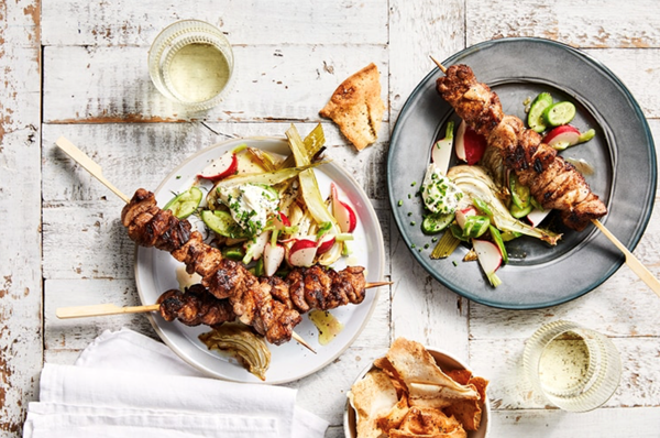 Baharat chicken skewers with fennel fattoush