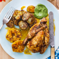 Baharat poussin with burnt oranges, watercress pistachio sauce and sumac potatoes