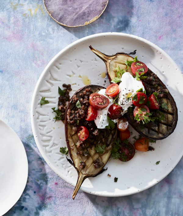 Baharat-spiced eggplant with cherry tomatoes + yogurt [Padma Lakshmi]