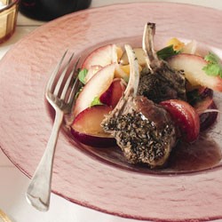 Baharat spiced lamb with plum and tomato salad and plum sauce