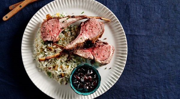 Baharat-spiced rack of lamb with cherry-tamarind sauce [Brad Mahlof]