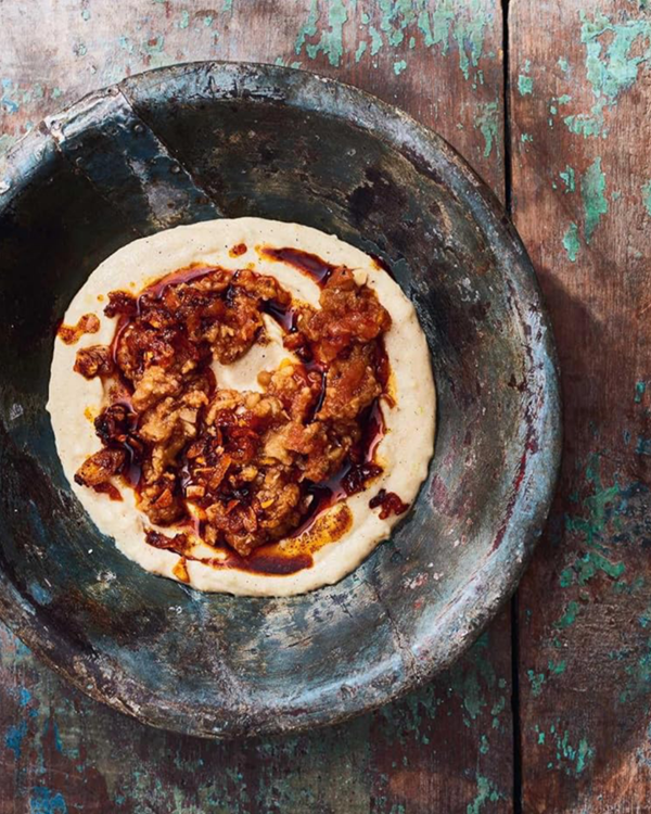 Baigan choka with coconut tun, roasted eggplant and coconut polenta