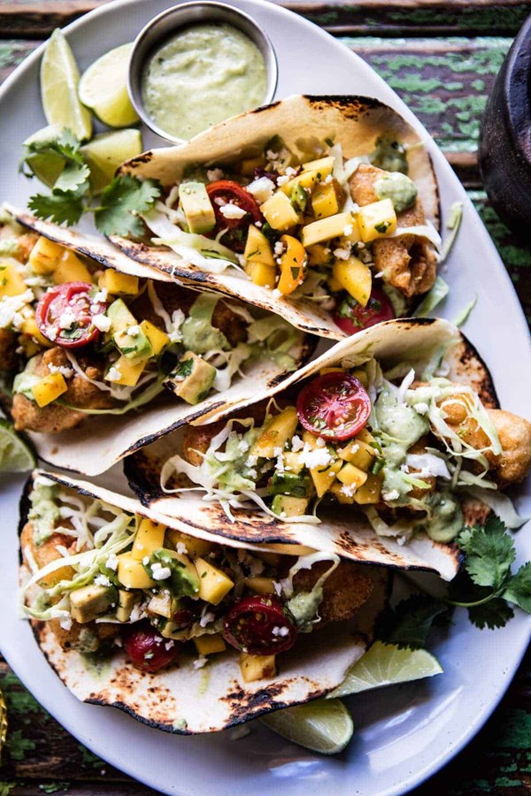 Baja fish tacos with chipotle mango salsa