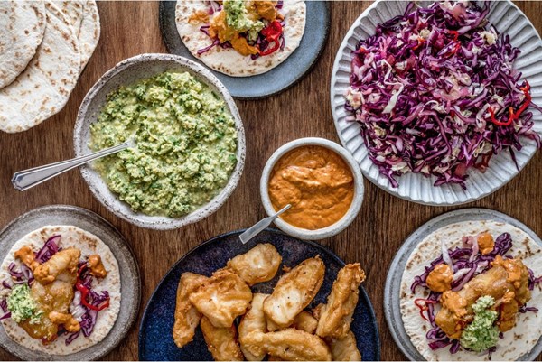 Baja fish tacos with cucumber and pistachio salsa [Santiago Lastra]
