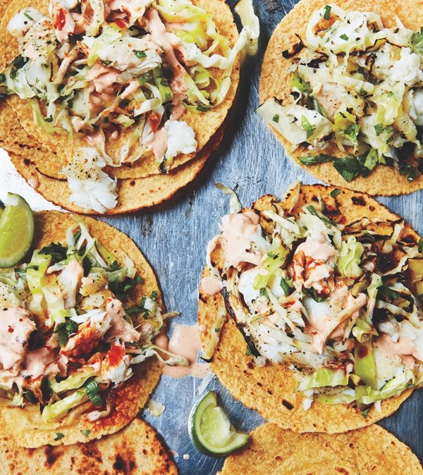 Baja-style fish tacos with grilled slaw and chipotle mayo