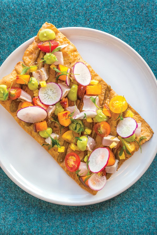 Baja yellowtail tostada with peach-habañnro salsa and avocado puree [Otium ]
