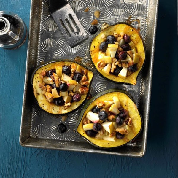 Baked acorn squash with blueberry-walnut filling