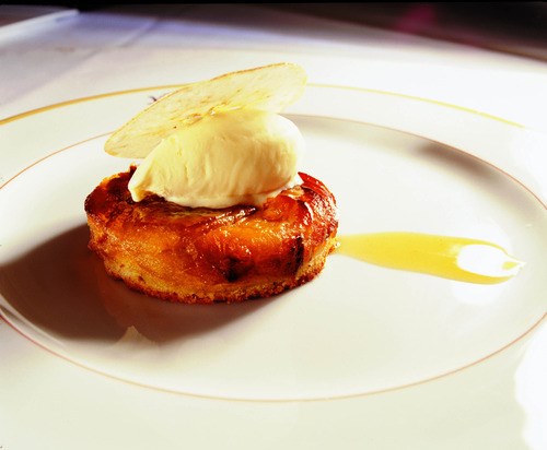 Baked apple tart with hazelnut biscuit & ginger ice cream