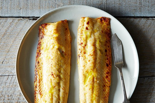 Baked arctic char with bourbon, peach, and serrano glaze