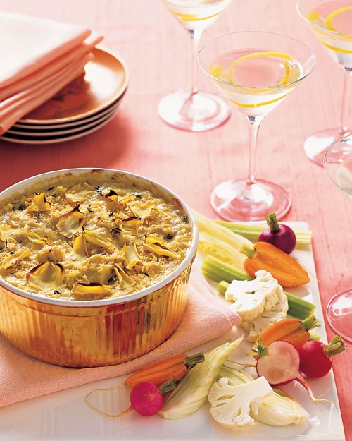 Baked artichoke dip with winter crudites