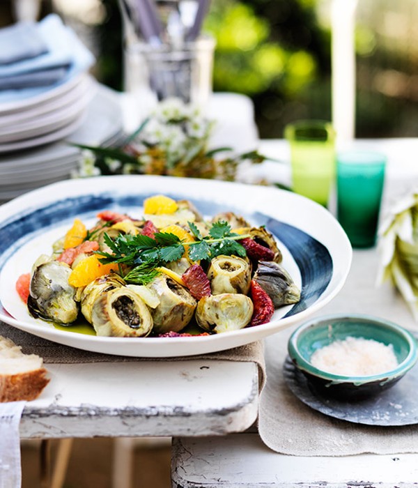 Baked artichokes with citrus and herb salad