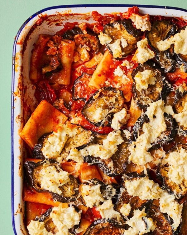 Baked aubergine, ricotta and ‘nduja paccheri 