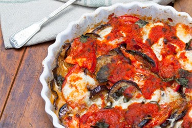 Baked aubergine, tomato and mozzarella