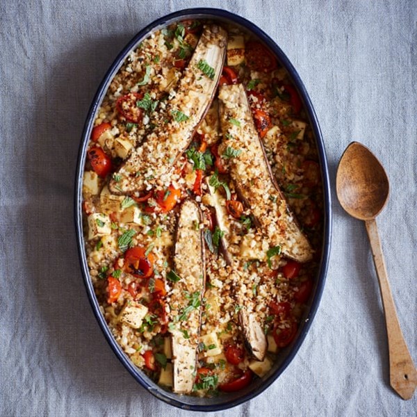 Baked aubergine with lentils, paneer and tomatoes