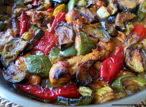 Baked aubergine/eggplant kebab with yoghurt and spices marinated chicken (Patlicanli kebap)