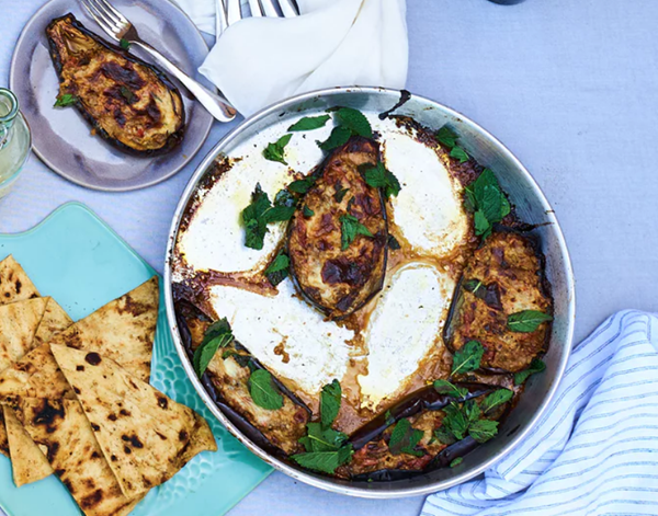 Baked aubergines, freekeh, tomato sauce and sheep's cheese Bechamel
