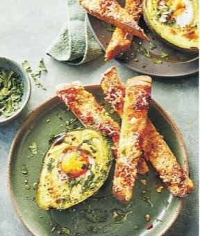 Baked avocado eggs with cheesy 'nduja soldiers