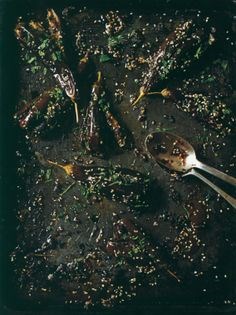 Baked baby aubergines
