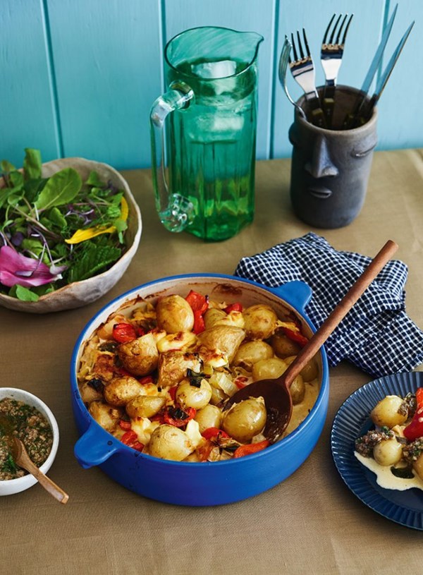 Baked baby potatoes, capsicums & washed-rind cheese
