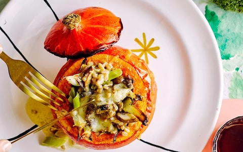 Baked baby pumpkins  stuffed with wild mushrooms, leeks, fennel  and cheese