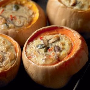 Baked baby squash with coconut cream, shiitake mushrooms, ginger, chillies and coriander