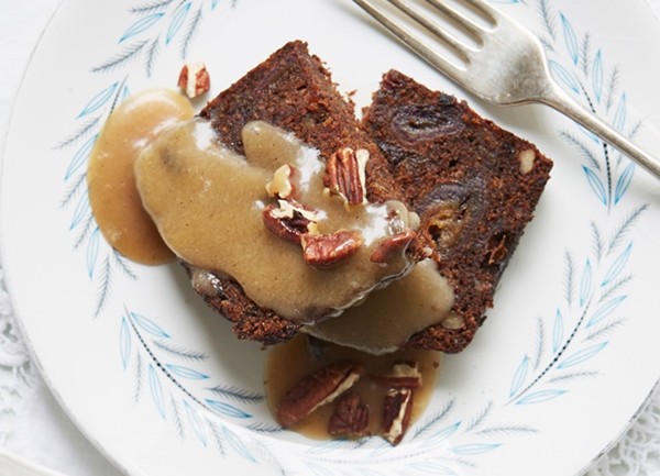 Baked banana, date and pecan loaf with spiced caramel sauce