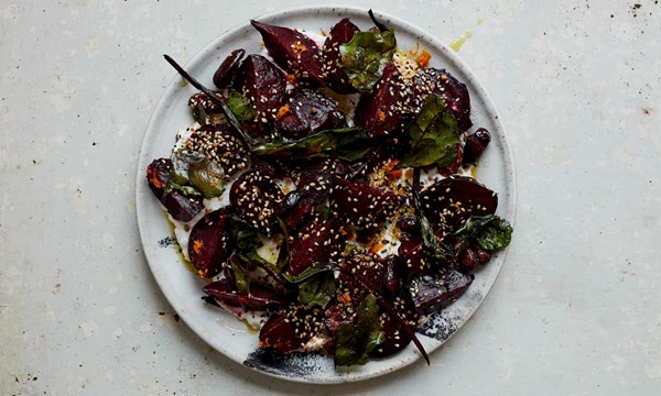 Baked beetroot, roast beet leaves and spicy yoghurt