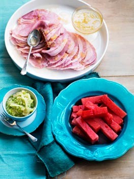 Baked Berkshire ham with lemon jam, pickled onion and red melon