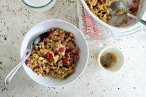 Baked black raspberry oatmeal with a brown butter drizzle