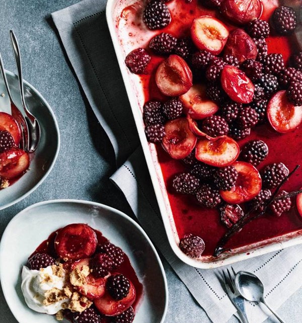 Baked blackberry and plum compote with amaretti yogurt