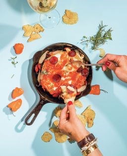 Baked bloomy rind cheese with habanada jam, roasted shallots & crispy pepperoni