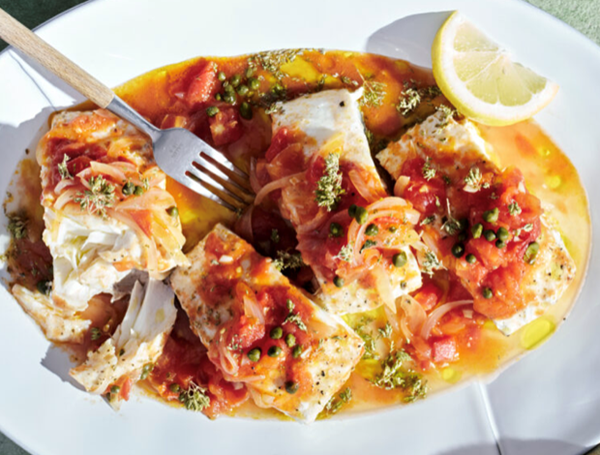 Baked blue-eye trevalla with tomato and onion sauce (Psari plaki) [Stavros Konis]