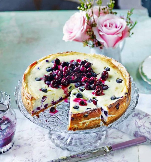 Baked blueberry cheesecake with blueberry compote