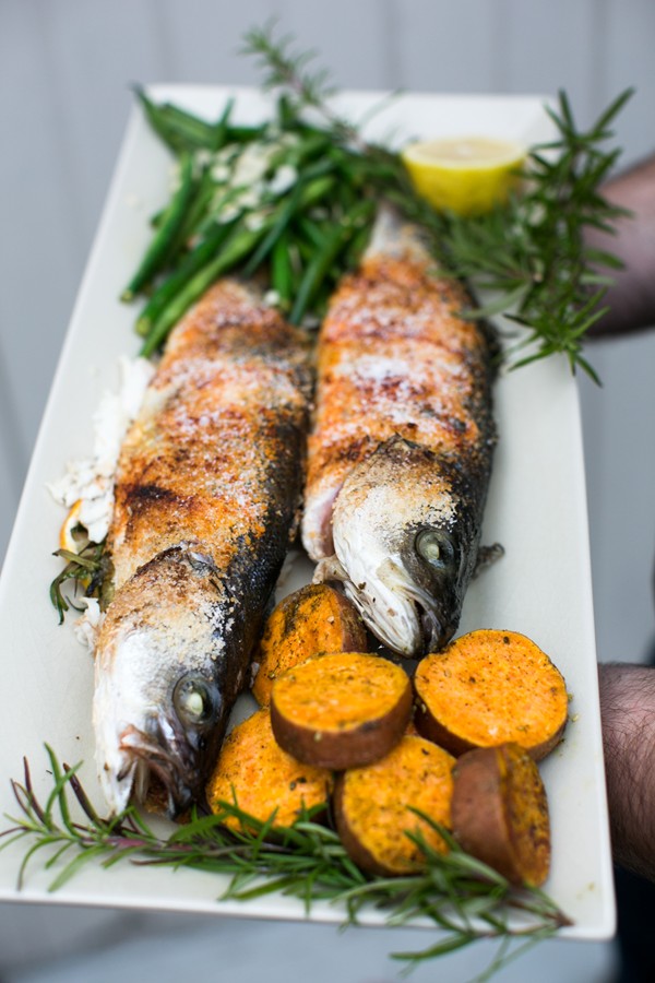 Baked branzini with brown butter green beans & sweet potatoes
