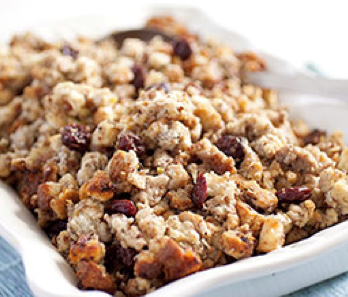 Baked bread stuffing with leeks, bacon, and apples