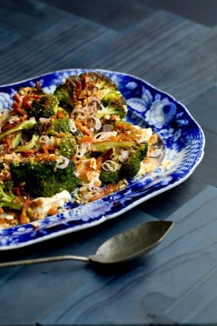 Baked broccoli with goat's curd, horseradish & bacon vinaigrette