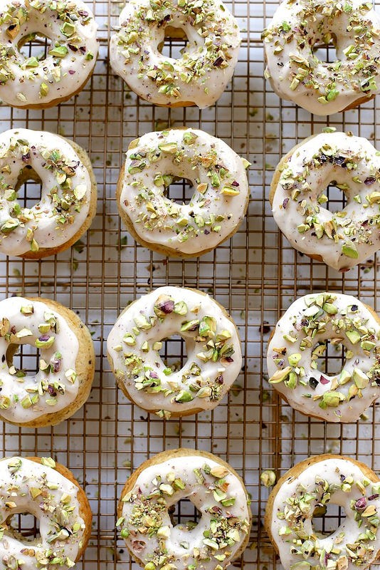 Baked brown butter and pistachio doughnuts