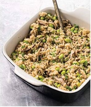 Baked brown rice with shiitakes and edamame